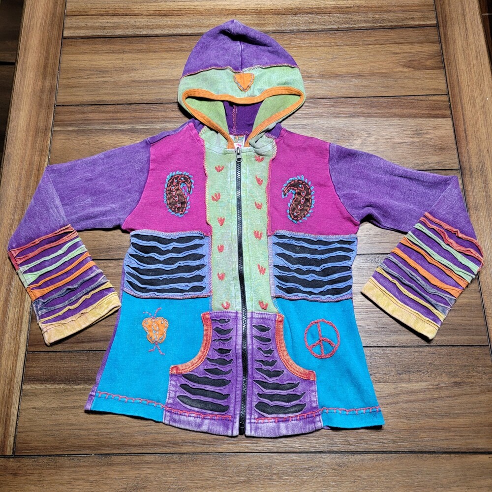 India Boutique Full Zip Hooded Girls Jacket Boho Style - Size Large